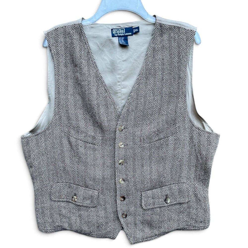Polo Ralph Lauren Herringbone Wool Linen Silk Vest Waistcoat XL Preppy Academia